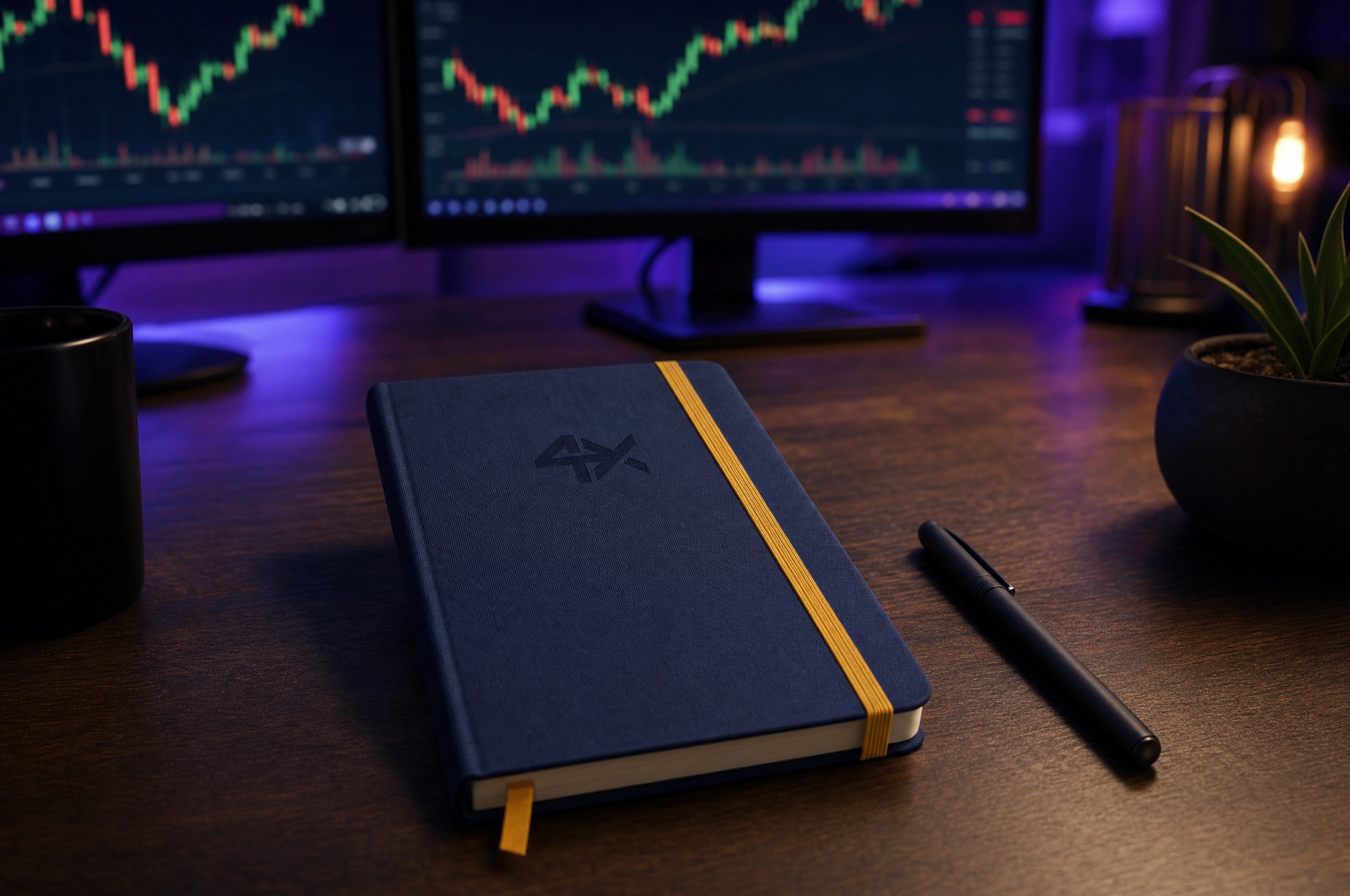 The 4X Trading Journal on a trading desk beside a pen, with candlestick charts glowing behind it