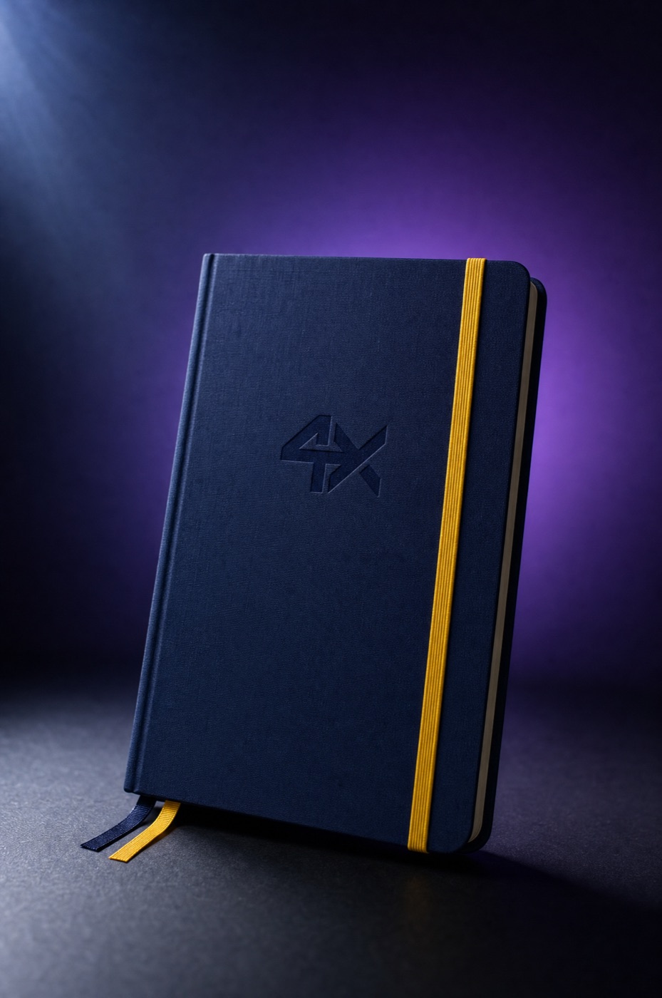4X Trading Journal, navy hardcover with saffron elastic band and dual ribbon markers